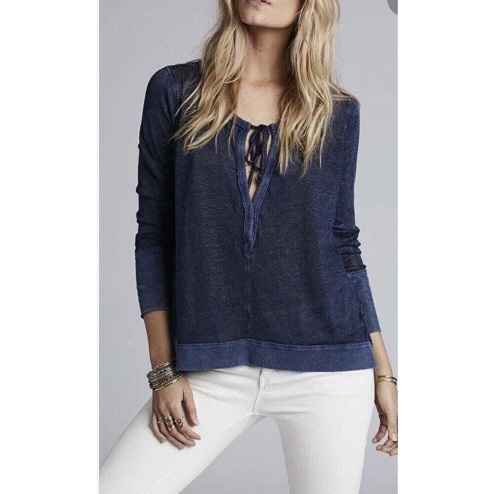 Free People Affogato Hacci Top Indigo Linen Blend Split Neck Womens Size M